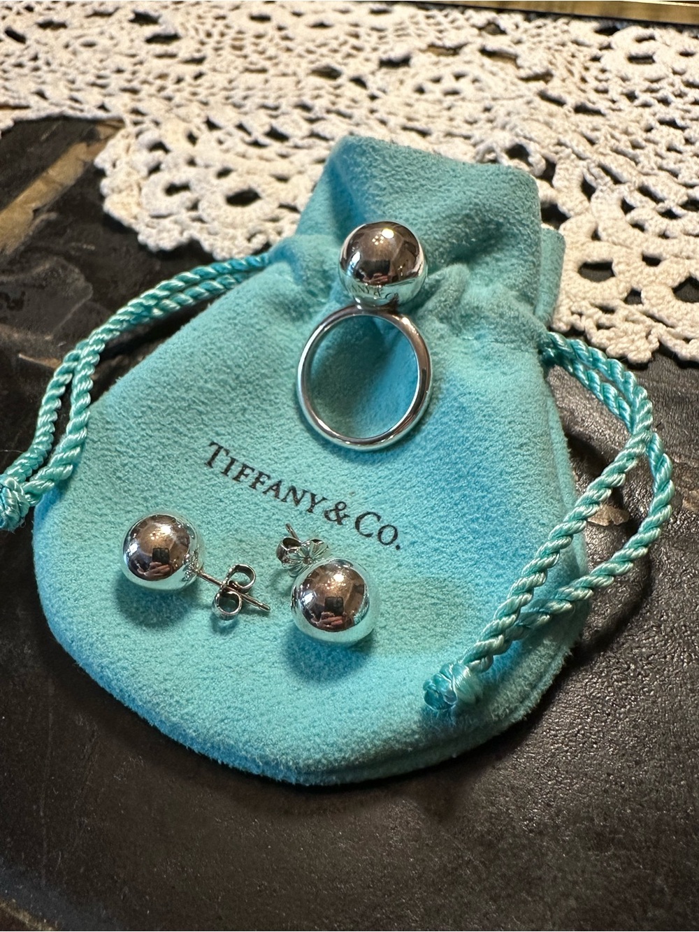Tiffany & Co 925 Lot Sterling Silver 12mm Hardwear Ring Size 5.5 & 10mm Earrings